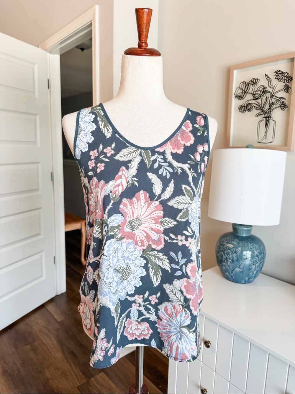Floral Sleeveless Tank Top in Slate Blue and Pink